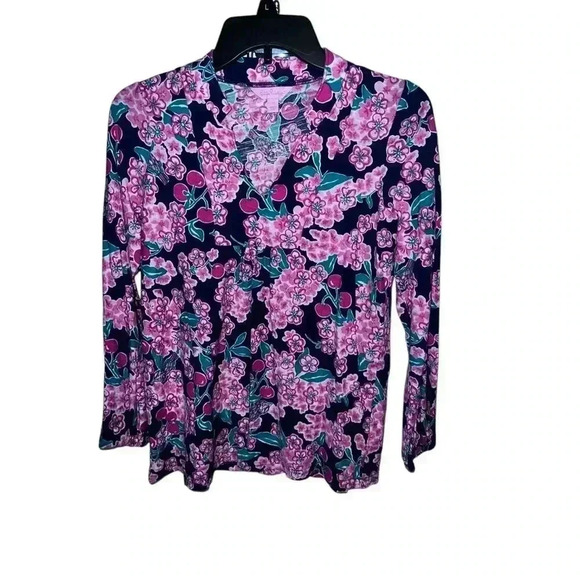 Lilly Pulitzer Cherry Picker  Top Navy Pink xs Dopamine Boho V Neck Long Sleeve - Picture 3 of 6